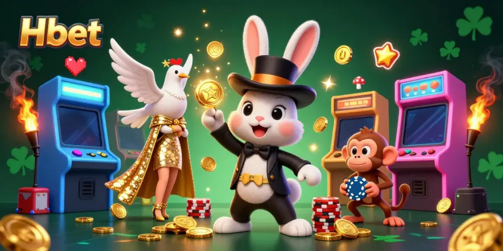 Experience thrilling gaming moments with Hbet, featuring playful characters and vibrant casino elements.
