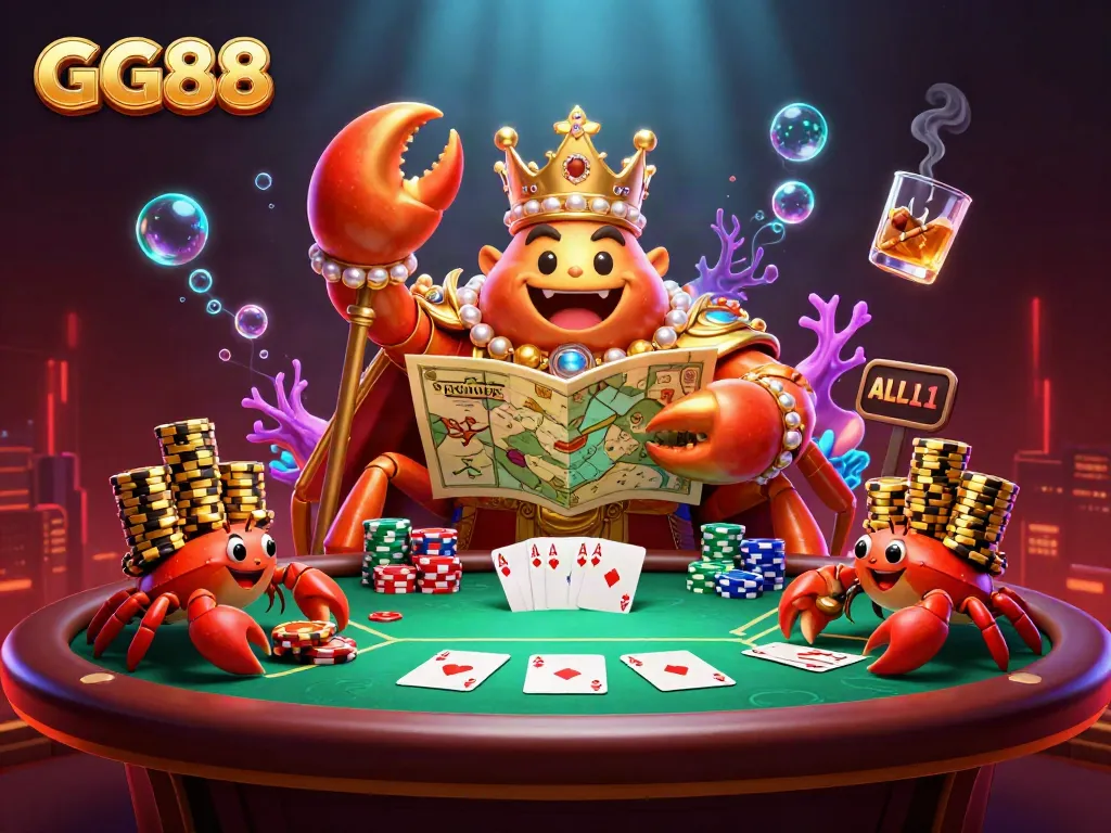 GG88: Experience the thrill of gaming with a golden crab emperor overseeing poker action.