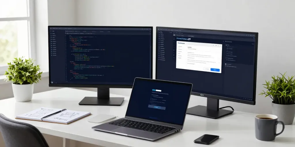 Ambiente de trabalho moderno com desenvolvedor e tela do YouCine APK Versão Antiga, destacando produtividade e inovação.