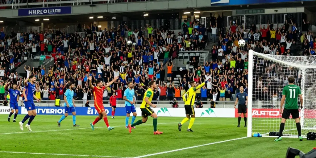 Soccer match with intense fan celebrations and players in action reflecting the passion for ผลบอลสด.