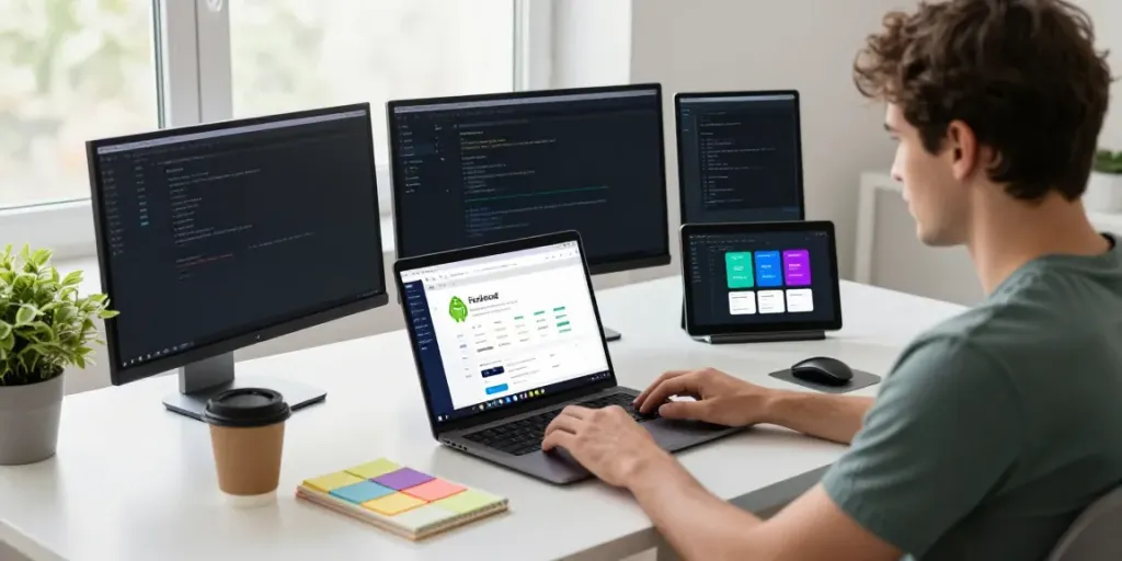 Developer showcasing 2113 Apps in a modern workspace filled with code and devices.