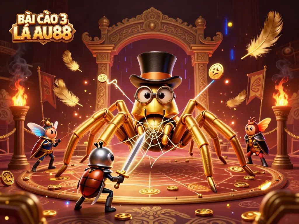 BÀI CÀO 3 LÁ AU88 showcases an epic scene with a golden tarantula and beetle knight in a vibrant casino.