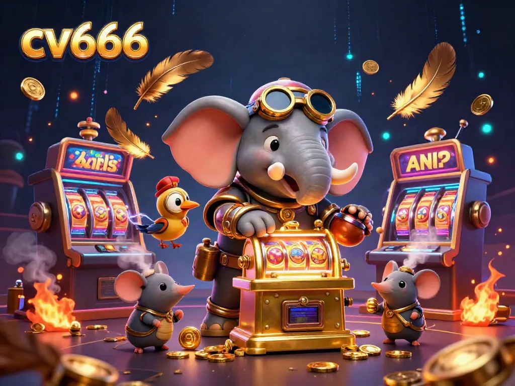 Spin the reels with cv666's steampunk-themed casino scene featuring vibrant characters and elements.