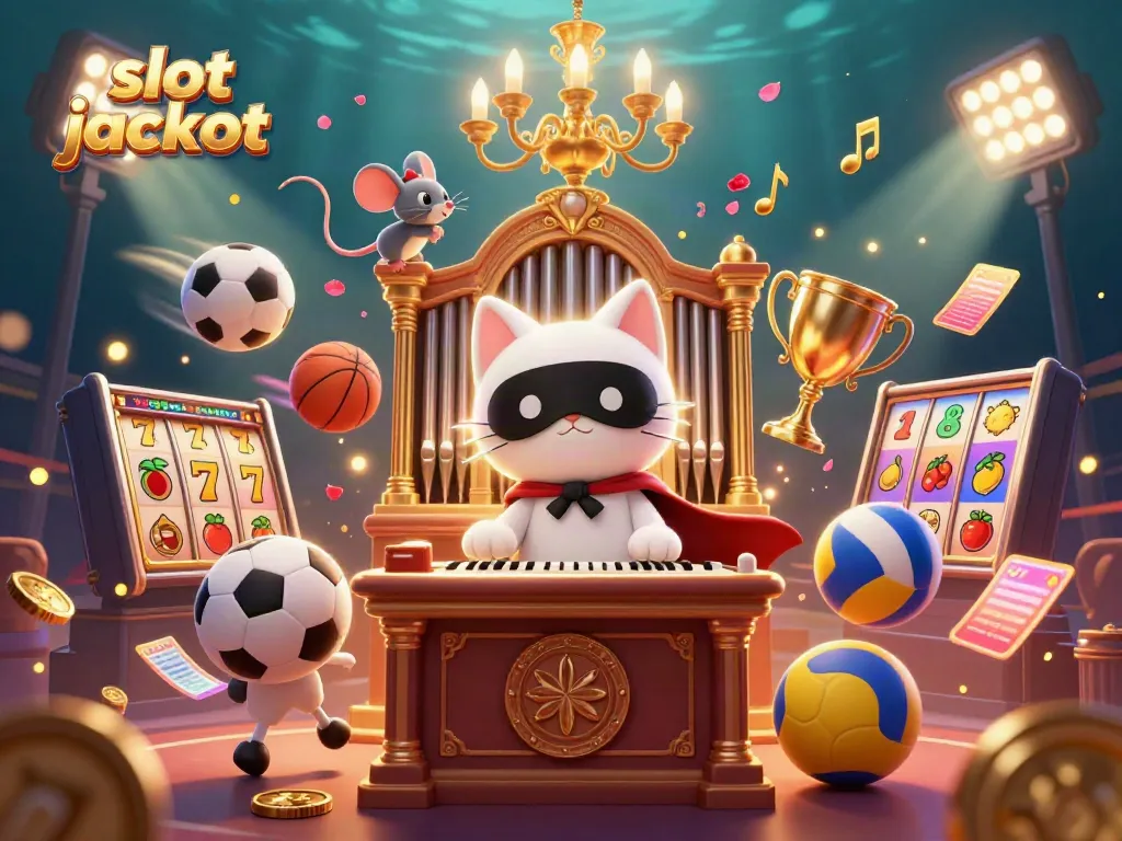 Experience thrilling slot jackpot adventures with a dynamic 3D illustration featuring a masked cat and acrobat.