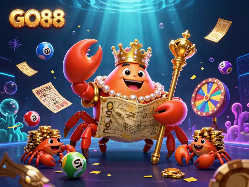 Engage with GO88's vibrant gaming experience, featuring a golden crab emperor and lively lottery elements.