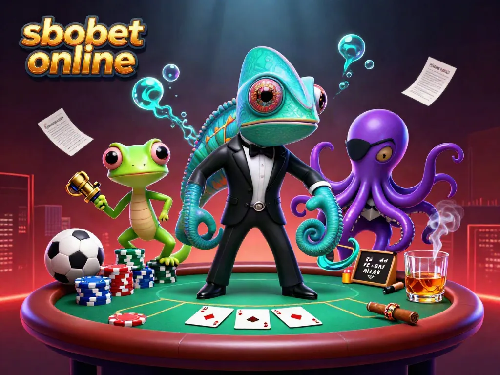 Engage in sbobet online with a vibrant scene featuring a chameleon agent, gecko companion, and octopus surrounded by sports and poker elements.
