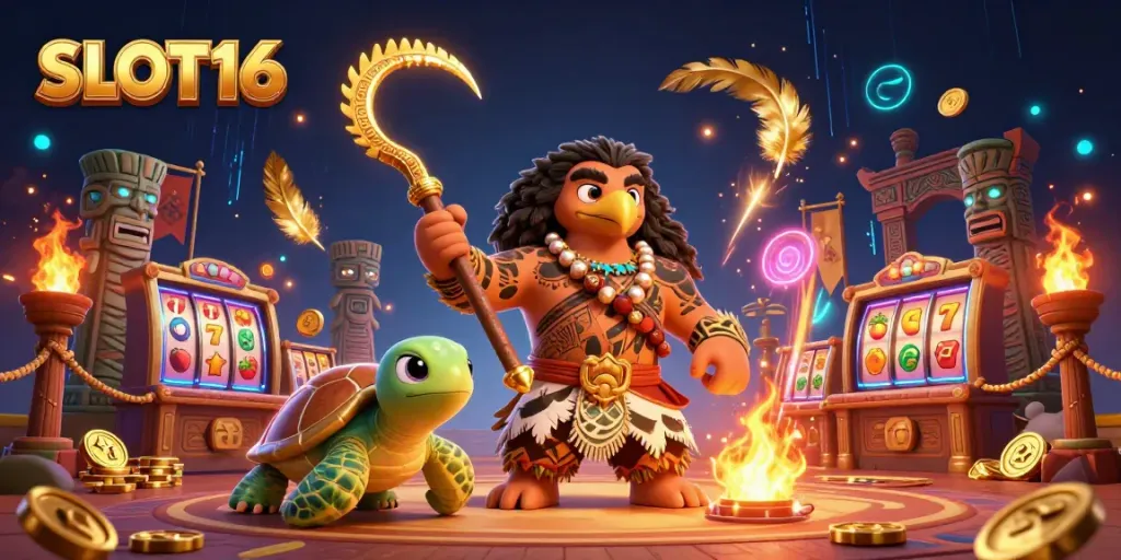 Experience the vibrant SLOT16 casino scene with a demigod hawk, turtle sidekick, and glowing tiki statues.