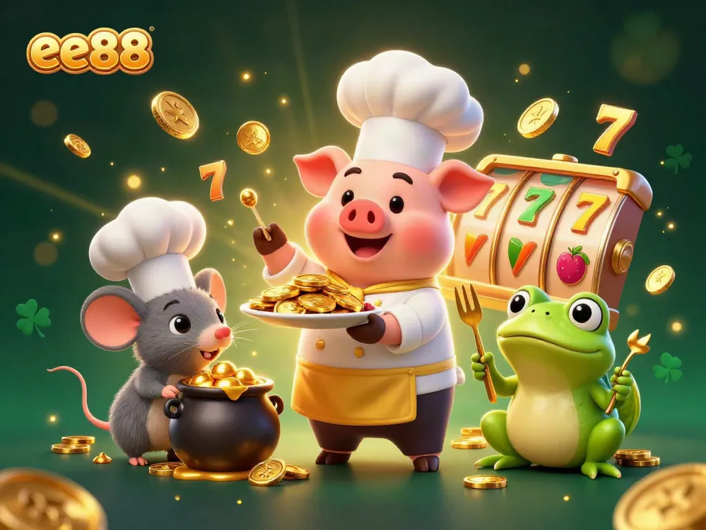 Experience the excitement of ee88 with a vibrant illustration of casino elements featuring a chef pig, sous-chef mouse, and critic frog.