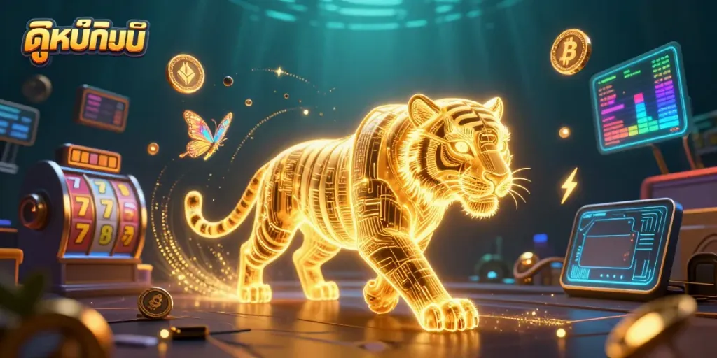 Experience thrilling ดูหนังออนไลน์ scenes in a dazzling digital casino with neon elements.