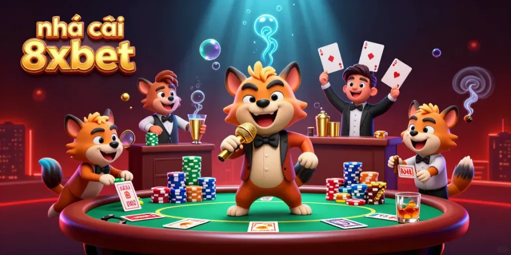 Experience the excitement at nhà cái 8xbet casino as hyenas entertain in a vibrant, detailed scene filled with poker excitement.