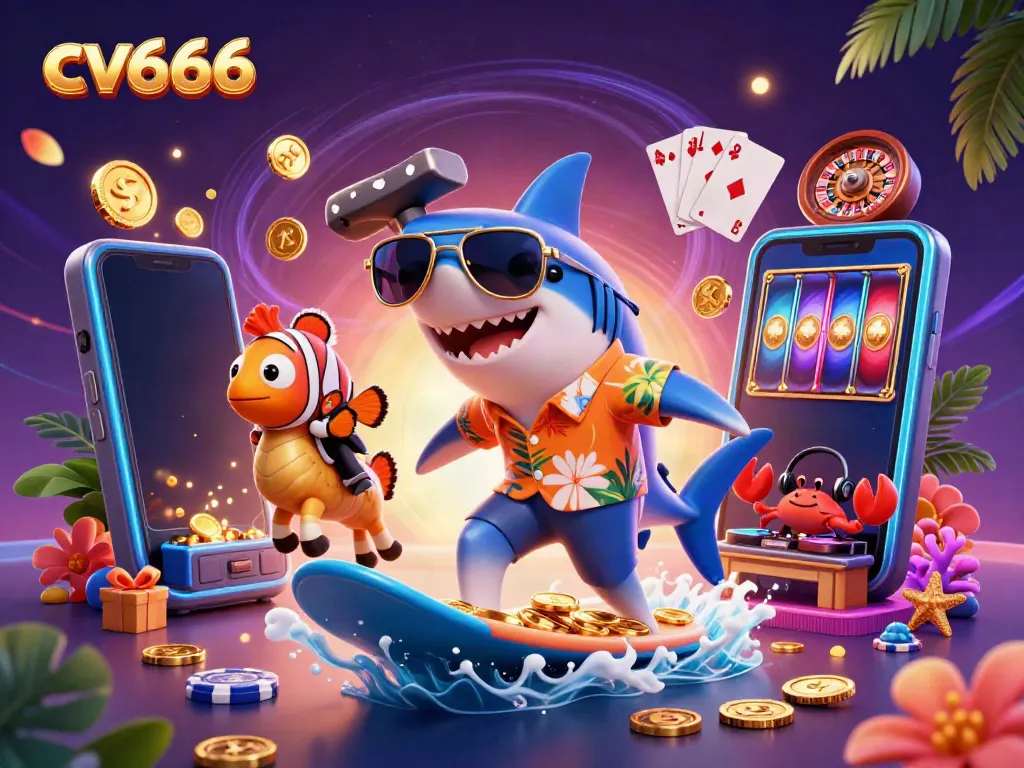 Experience exciting slots with cv666 in a vibrant, engaging 3D casino scene featuring fun marine characters.