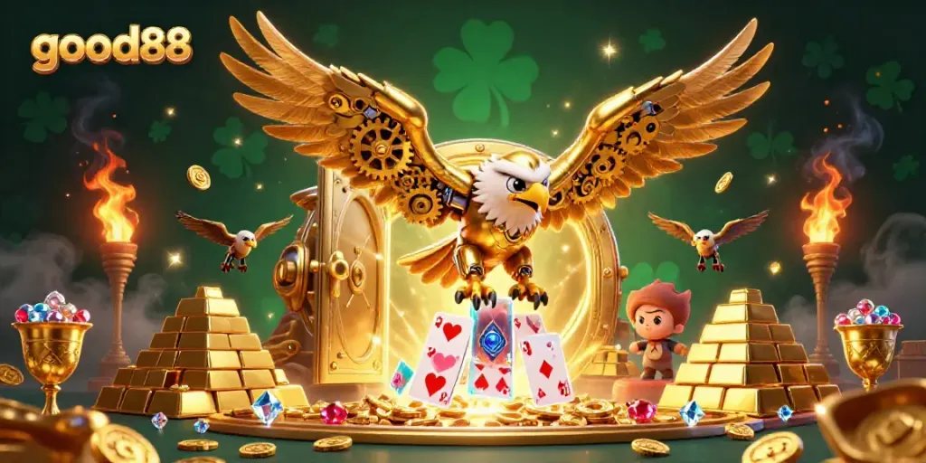 Experience the thrilling world of good88 with a cybernetic golden eagle diving through sparkling gems and playing cards in a lavish casino.