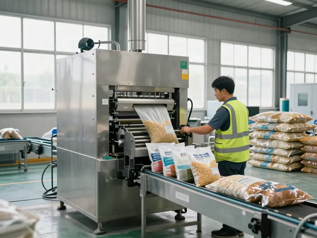 Open mouth bag filling machine efficiently packaging bulk products in a modern factory.