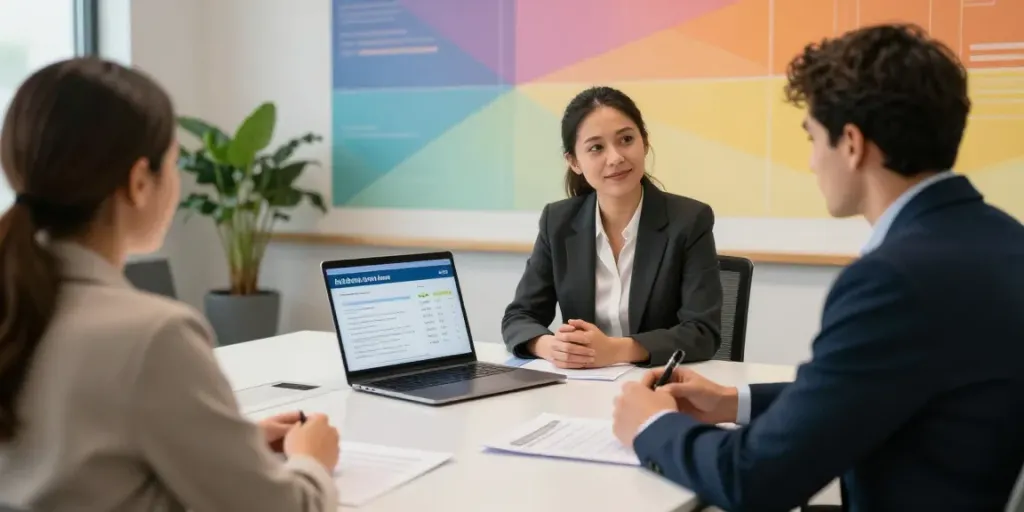 Couple consulting with a financial advisor about Alberta loans in a modern office.