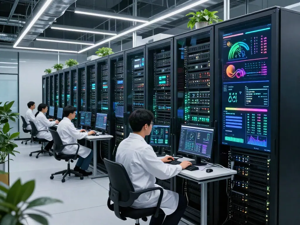 AI data center with high-density GPU racks and technicians monitoring performance metrics.