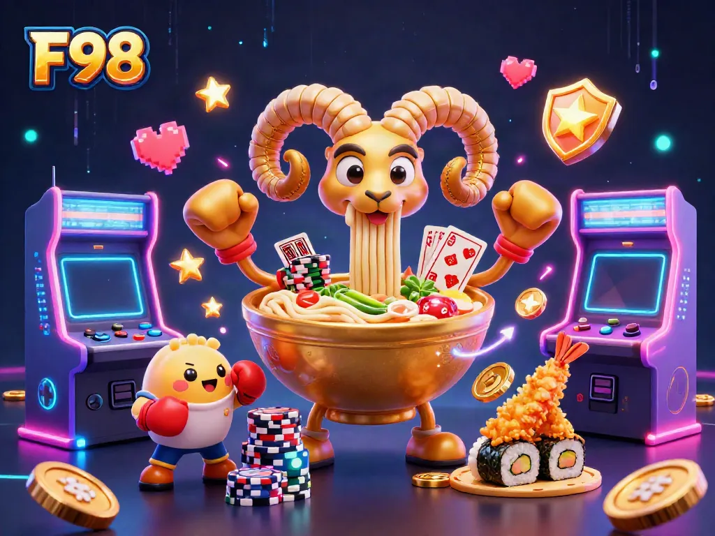 F98 casino-themed illustration featuring a giant ramen bowl dealer, vibrant characters, and colorful arcade elements.