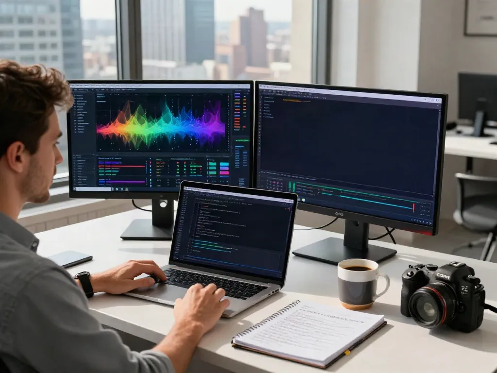 Trader analyzing charts on TradingView in a modern office setting.