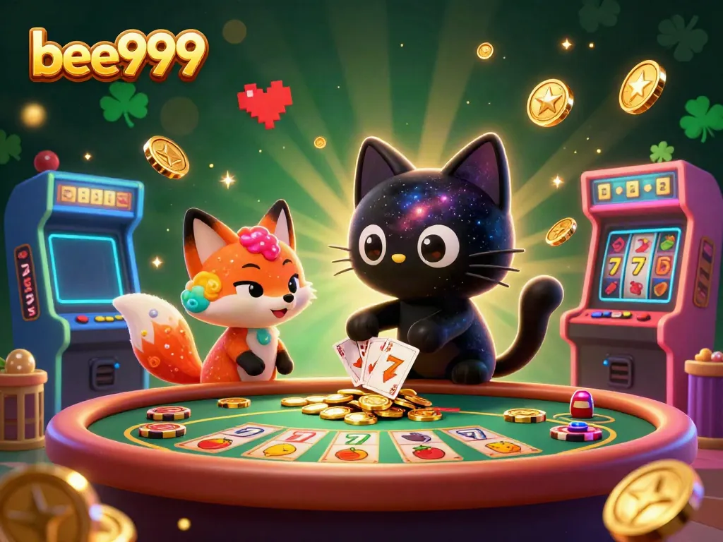 Experience bee999's vibrant casino atmosphere featuring a black hole cat and nebula fox amidst dynamic gaming elements.