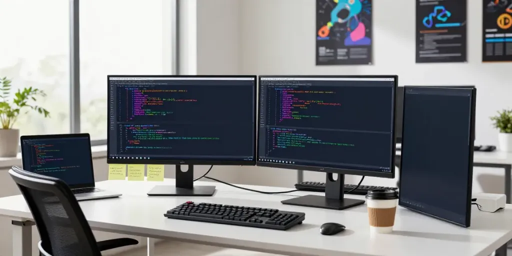 Developer coding in Notepad++ at a modern tech workspace with dual monitors.