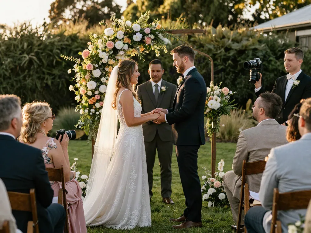 Dunedin wedding photographer capturing an emotional outdoor wedding ceremony with a couple exchanging vows.