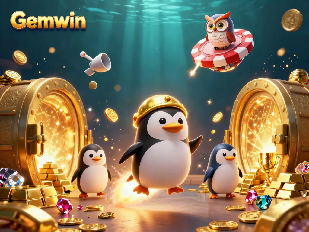Experience the excitement of Gemwin with a dynamic casino scene featuring a golden penguin and treasure.