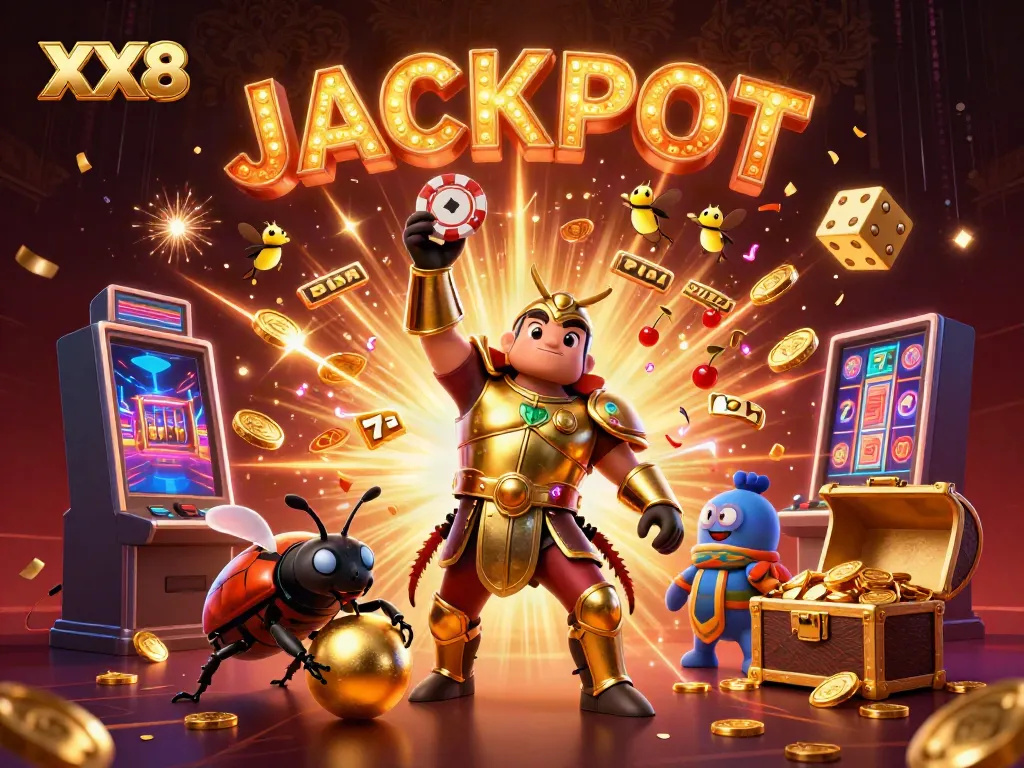 Experience the excitement of XX8 with a vibrant 3D illustration of a victorious hercules beetle lifting a poker chip amidst casino elements.