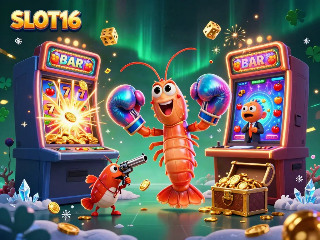 Experience the excitement of SLOT16 casino with 3D characters, slot machines, and jackpot celebrations.