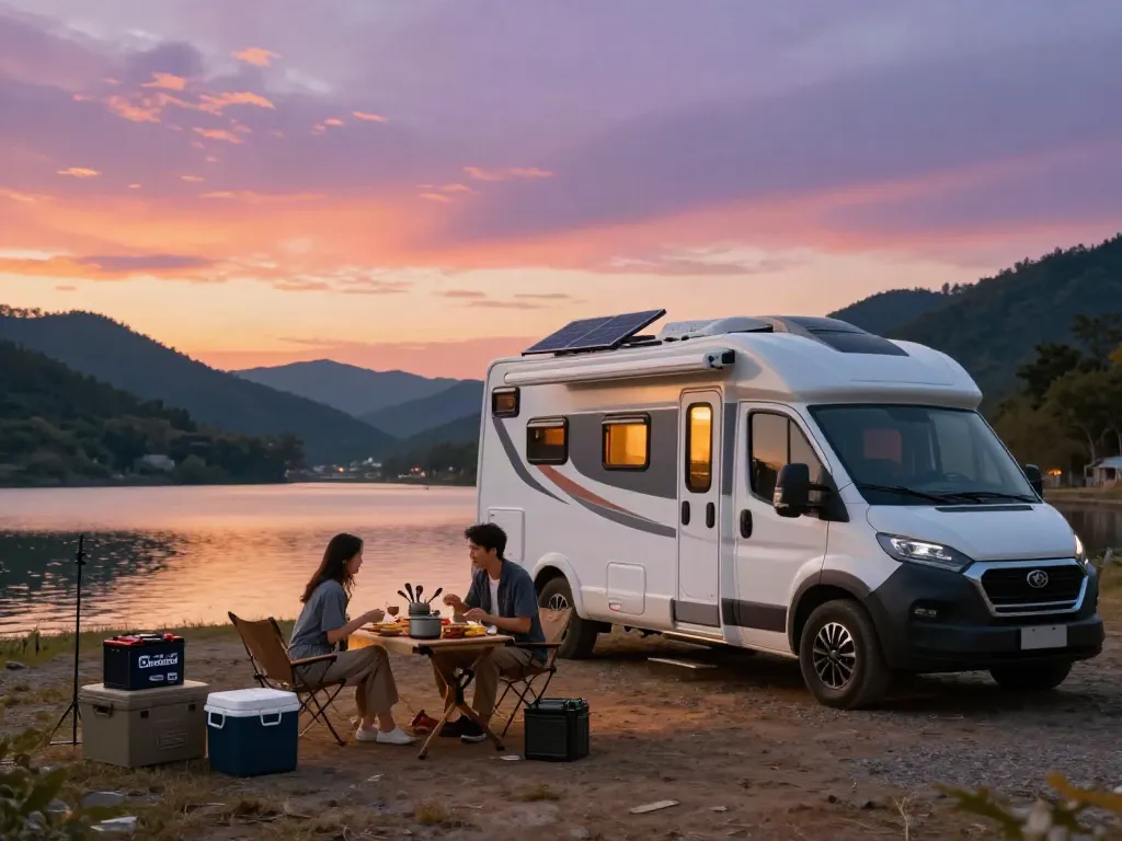 Lithium batteries for RV shown next to a cozy campsite with a camper van, outdoor cooking gear, and a scenic sunset backdrop.