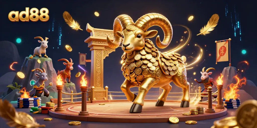 Engage in action-packed gameplay at ad88, featuring vibrant casino elements and a charging golden ram.