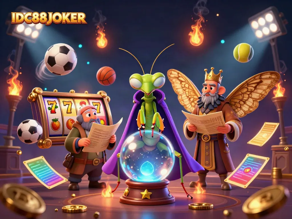 Experience the magic of IDC88JOKER with a vibrant 3D scene featuring dynamic slot machines and lively sports elements.