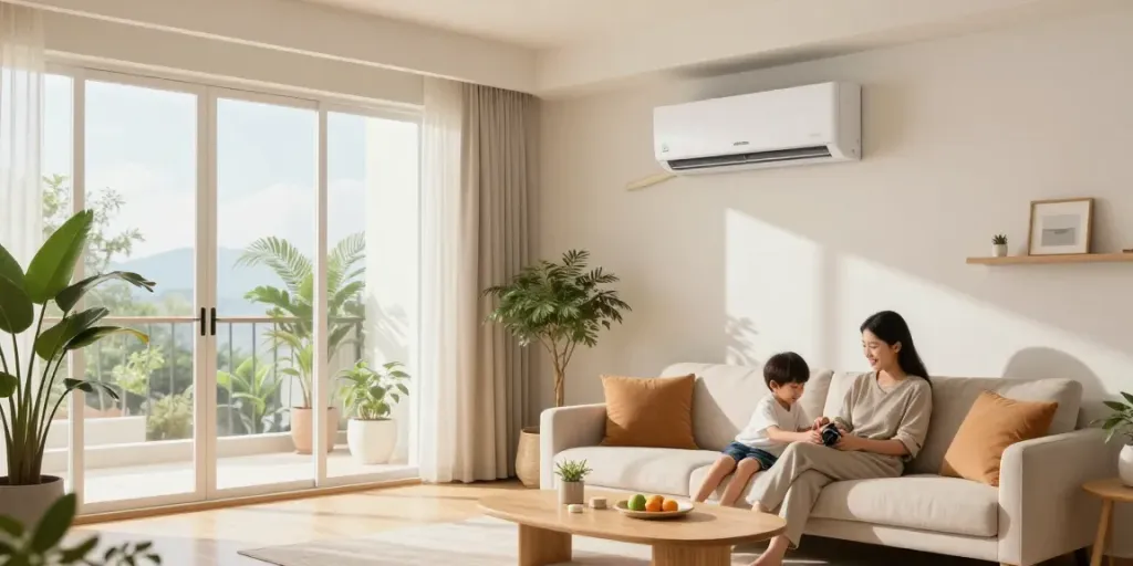 Cozy living room with a mini split ac unit, family relaxing in comfort.