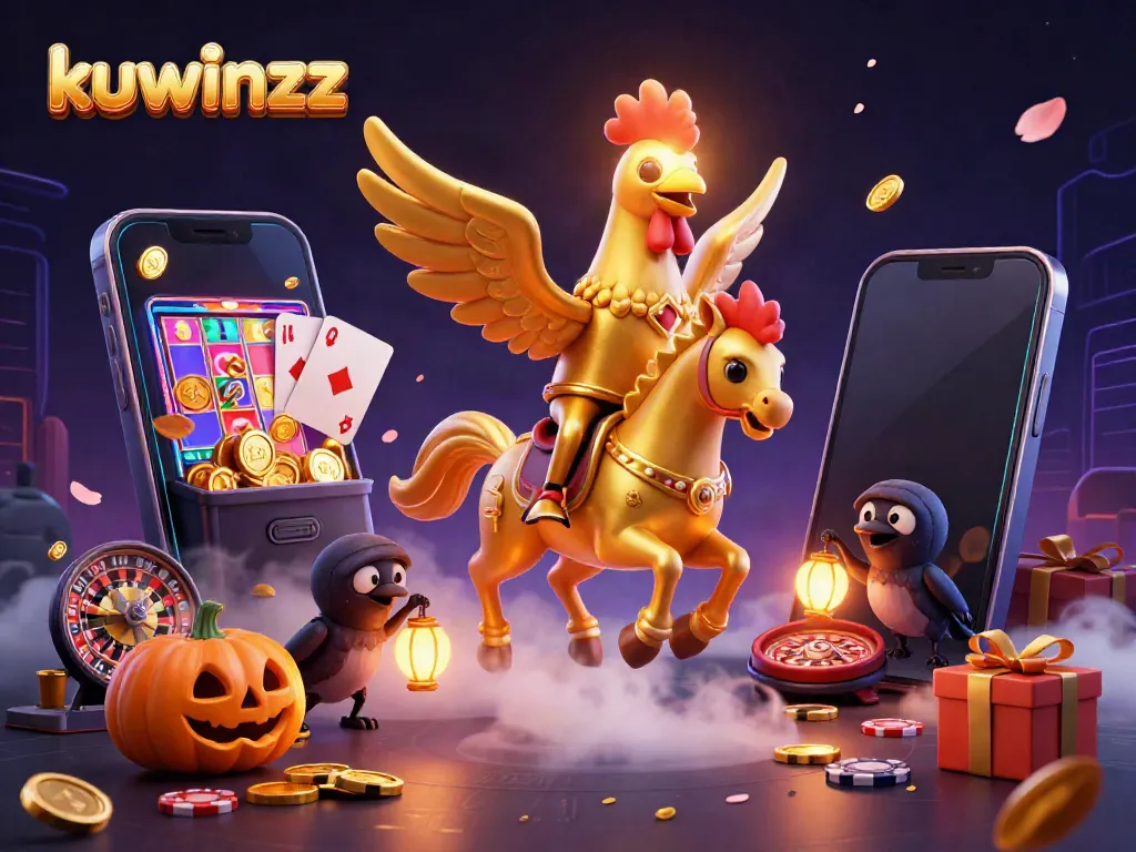 Kuwinzz casino illustration with a golden rooster and spectral horse, embodying excitement in gambling.