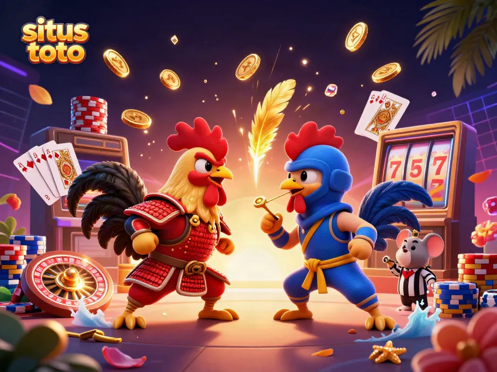 Situs toto combat scene with 3D rooster duel, gold coins, and vibrant casino elements