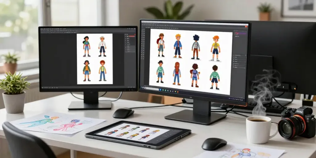 AI character sheet generator displayed on monitors in a creative workspace.