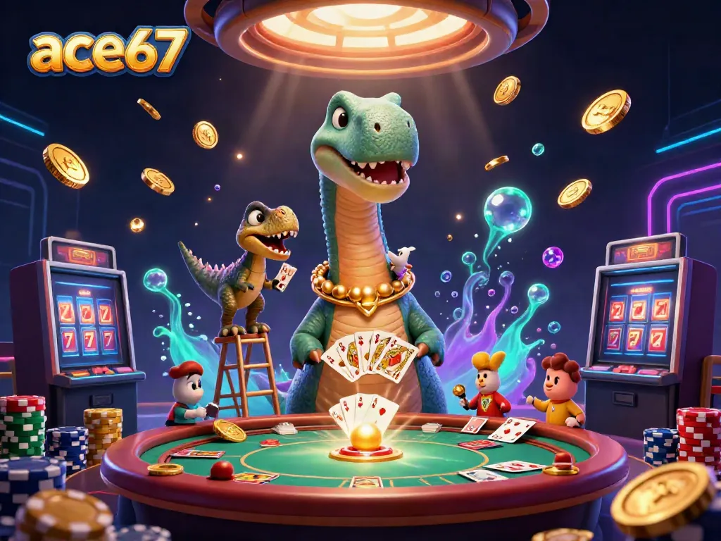 Experience ace67's thrilling casino atmosphere with a giant brontosaurus and clever raptor dealing cards.