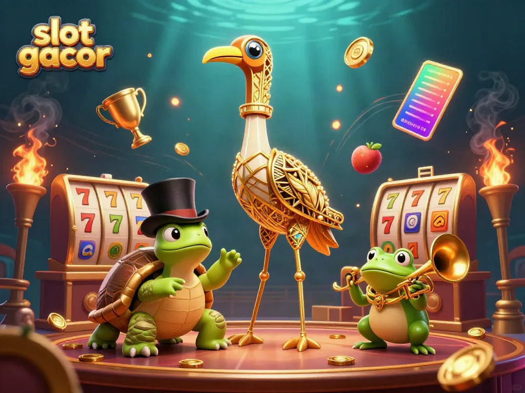 Engage with slot gacor elements, including vibrant slot reels and golden motifs within a rich casino-themed illustration.