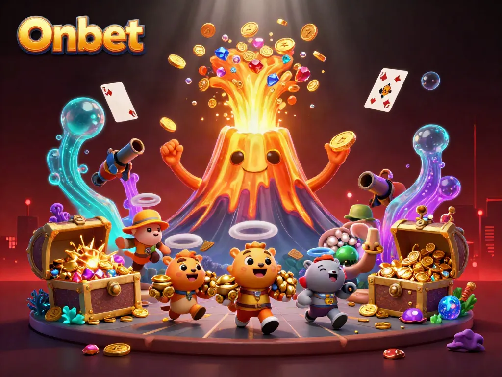 Onbet's exciting casino scene showcases a golden volcano erupting treasure.