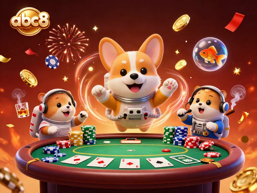 Join the fun at abc8 with a playful scene featuring a cartoon corgi astronaut in a casino.