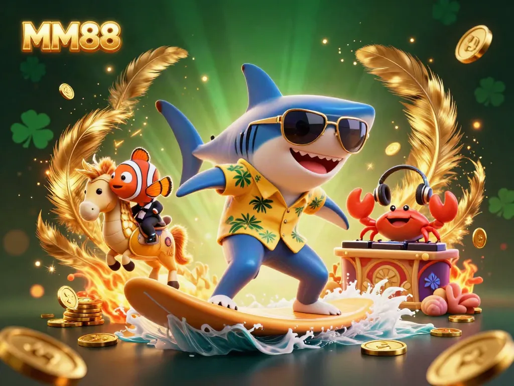 Experience thrilling MM88 gaming with a dynamic shark, clownfish, and crab DJ in a vibrant casino scene.