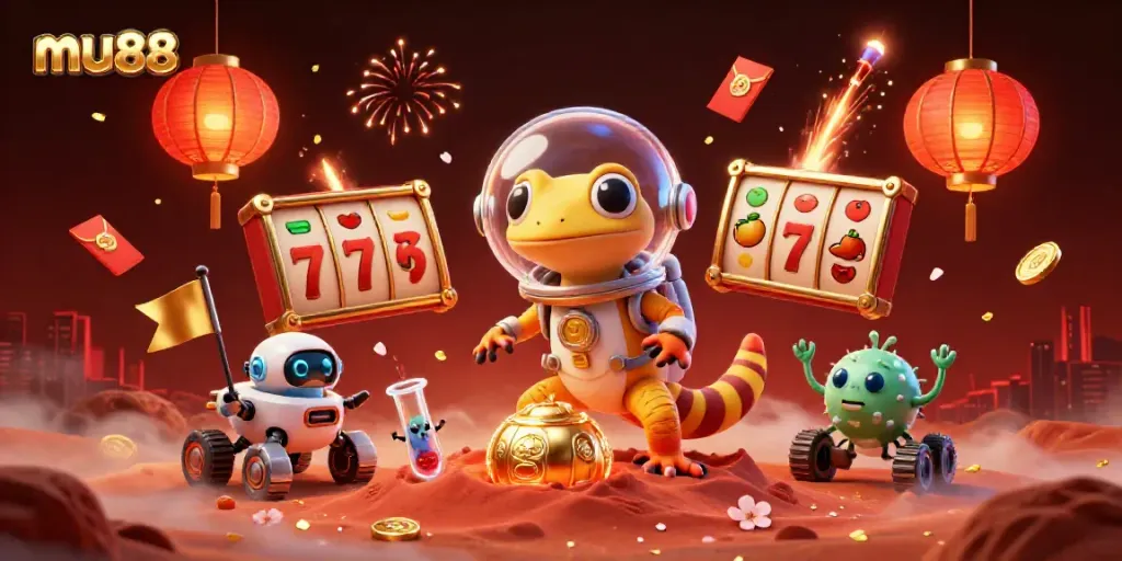 Experience mu88's thrilling slot action with a Martian gecko and game symbols in a vibrant casino setting.