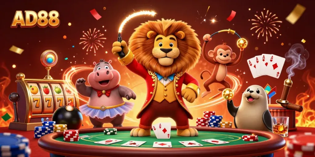 Experience thrilling gaming action at AD88 with circus characters and vibrant casino fun.