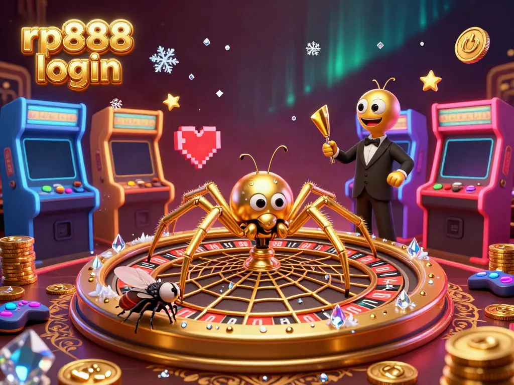 Experience the thrill of rp888 login as a spider spins a roulette wheel web in a vibrant casino.