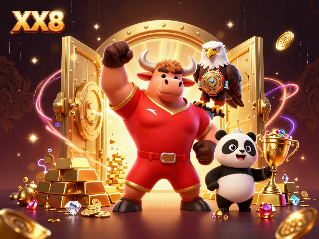 Celebrate gaming victories with the dynamic XX8 bull mascot, eagle, and panda in a vibrant casino scene.