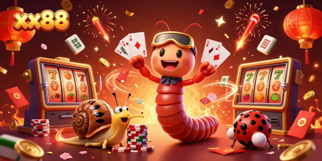 Experience the excitement of xx88 with a colorful casino scene featuring a millipede dealer and high-roller snail.