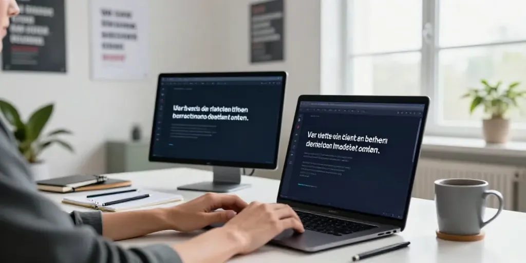 AI content generator in German being used in a modern office workspace