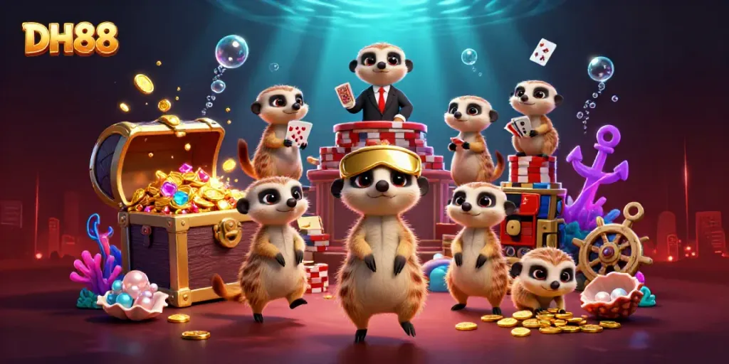 Immerse in the excitement of DH88 with meerkats managing a vibrant casino under the sea, showcasing a dynamic gaming atmosphere.