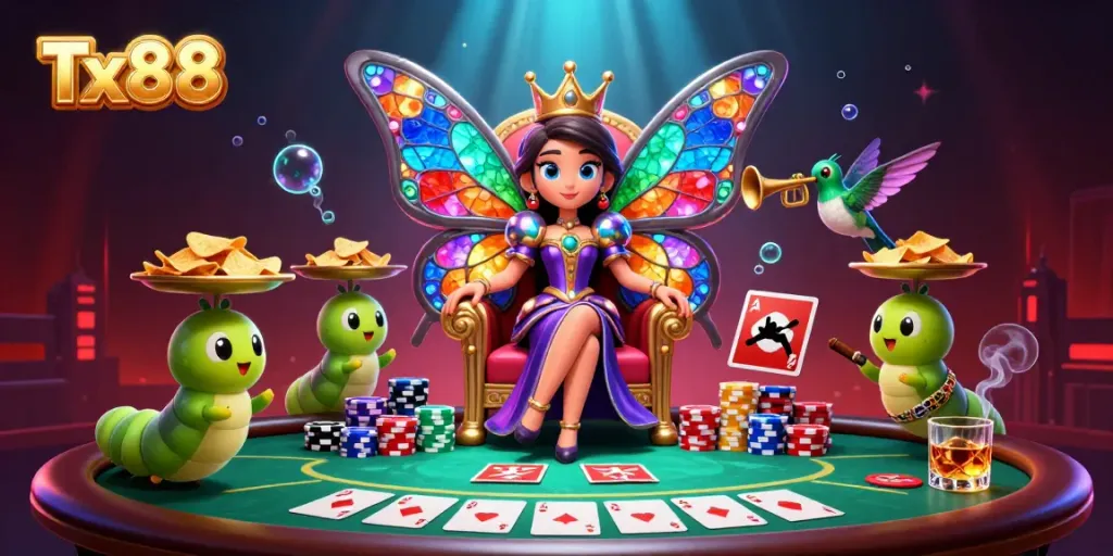Experience the vibrant world of Tx88 with a butterfly queen amidst dynamic poker elements and glowing visuals.