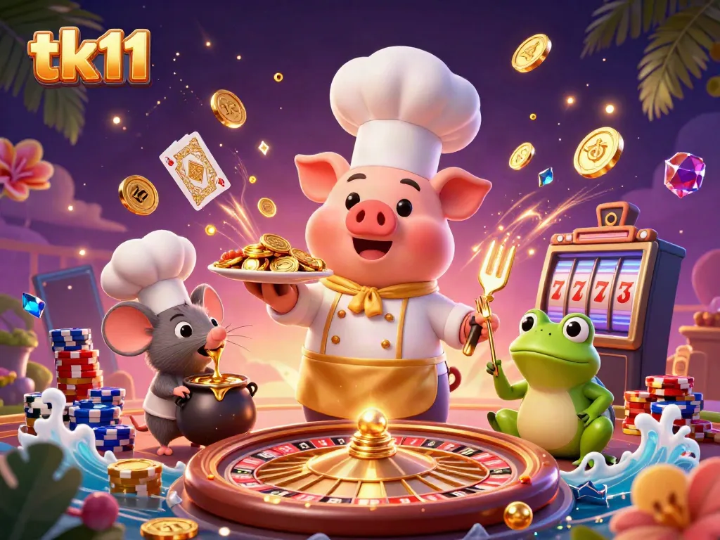 Experience luxurious gameplay with tk11 in this vibrant casino-themed 3D illustration showcasing rich characters and elements.