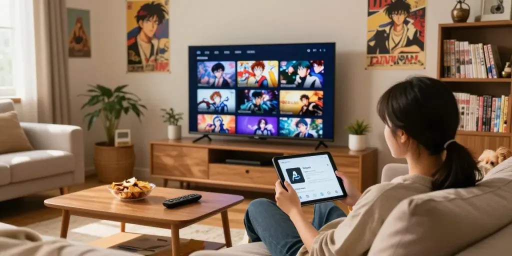 Utilisation de l'application Senpai Stream dans un salon confortable avec des titres d'anime en arrière-plan.