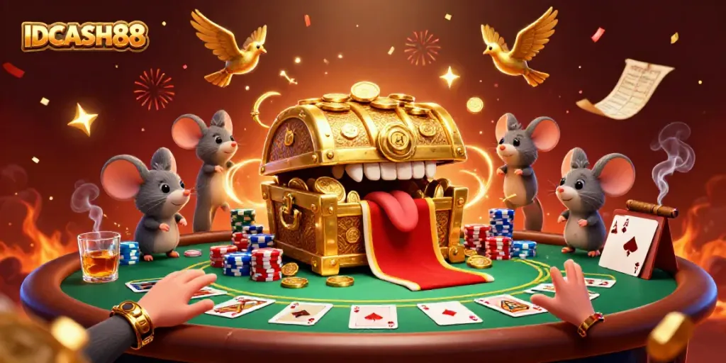 Experience the excitement of IDCASH88 with a dynamic scene of adventure mice, treasure, and poker elements.